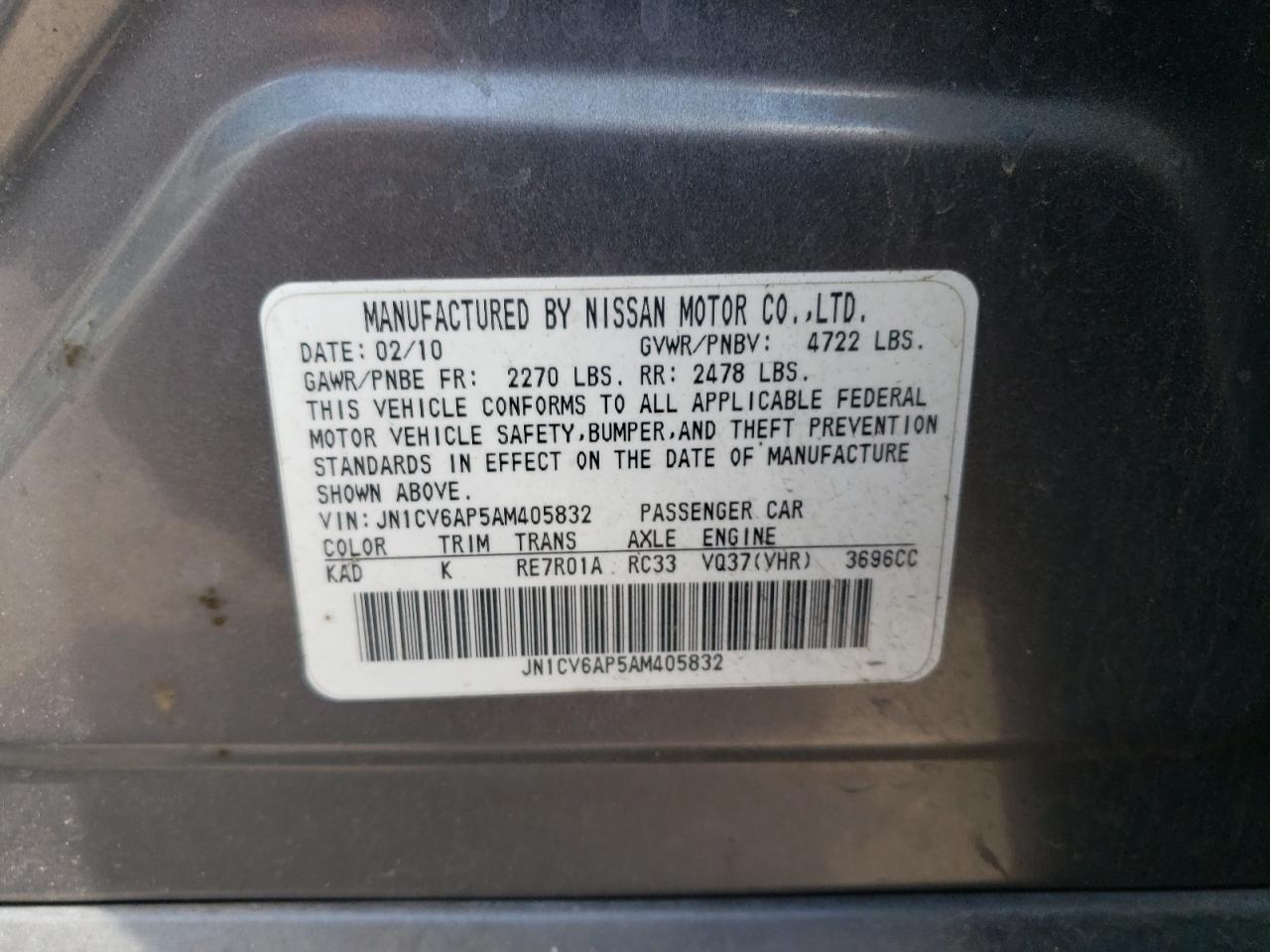 2010 Infiniti G37 Base VIN: JN1CV6AP5AM405832 Lot: 56269734