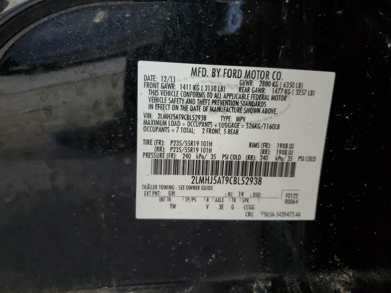 2012 Lincoln Mkt VIN: 2LMHJ5AT9CBL52938 Lot: 68910834