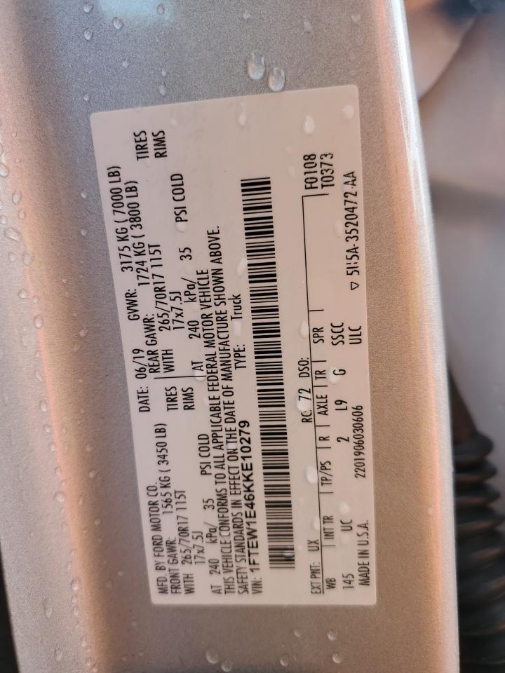 2019 Ford F150 Supercrew VIN: 1FTEW1E46KKE10279 Lot: 53980344