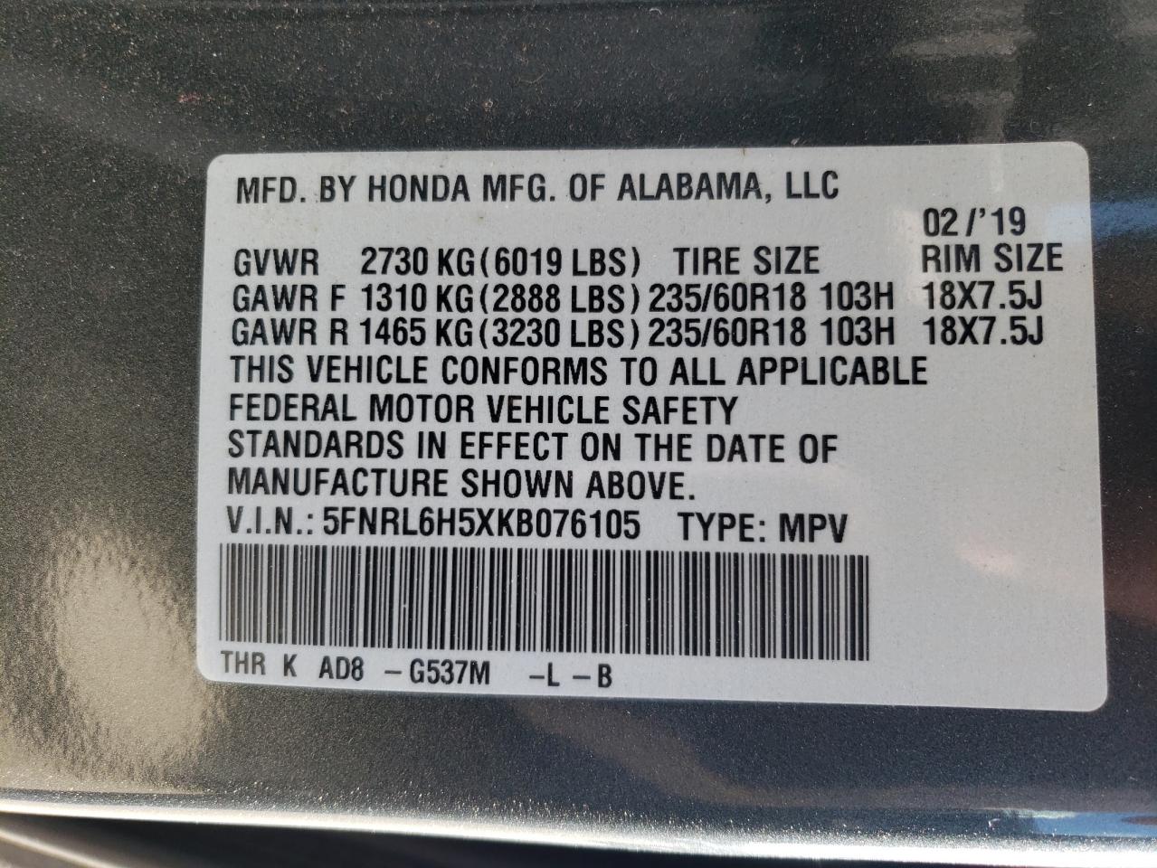 5FNRL6H5XKB076105 2019 Honda Odyssey Ex