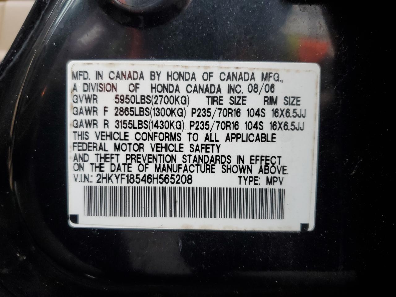 2006 Honda Pilot Ex VIN: 2HKYF18546H565208 Lot: 55188104