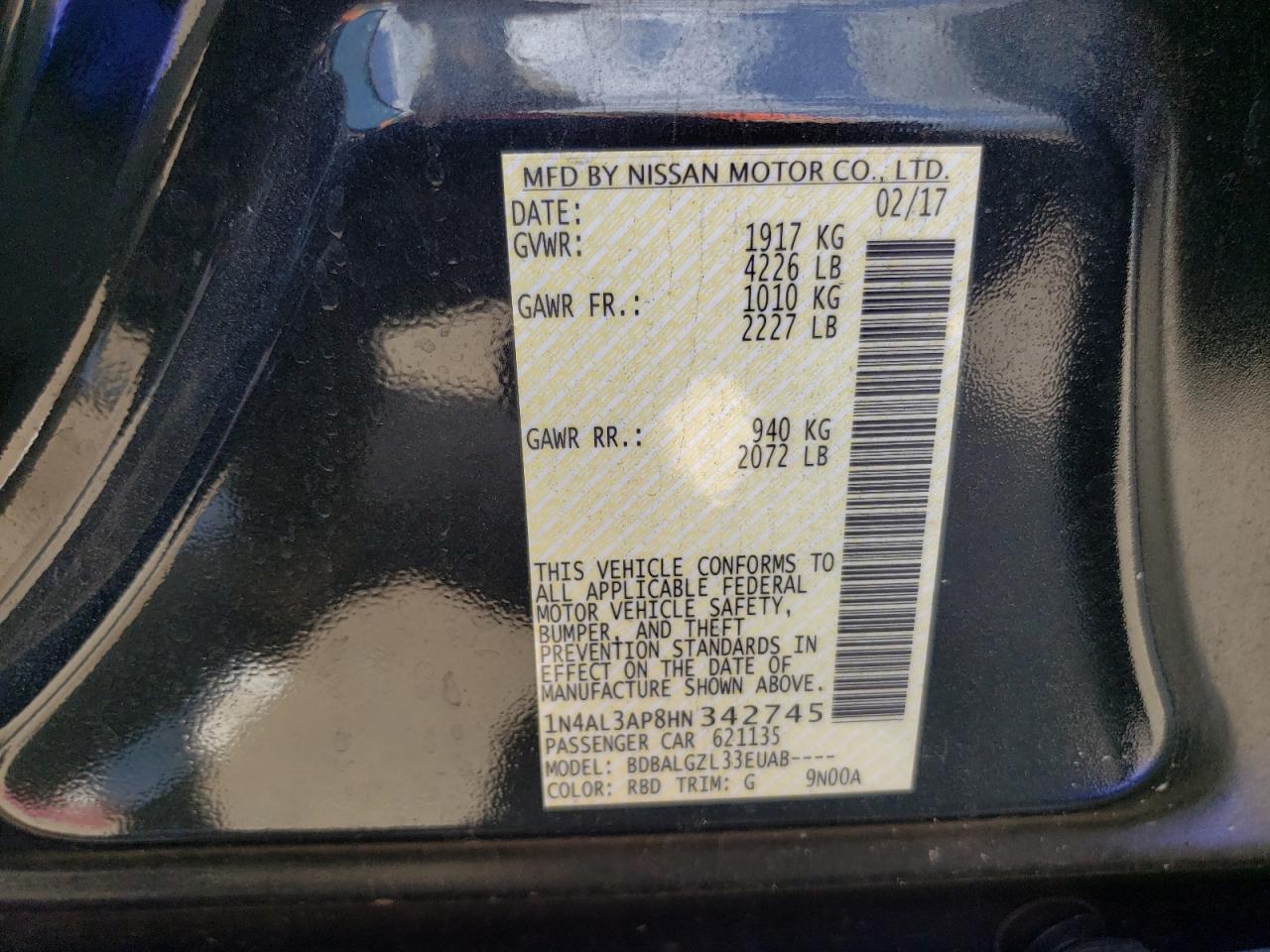 2017 Nissan Altima 2.5 VIN: 1N4AL3AP8HN342745 Lot: 57378044