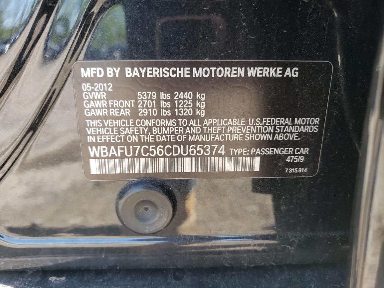 2012 BMW 535 Xi VIN: WBAFU7C56CDU65374 Lot: 53479014