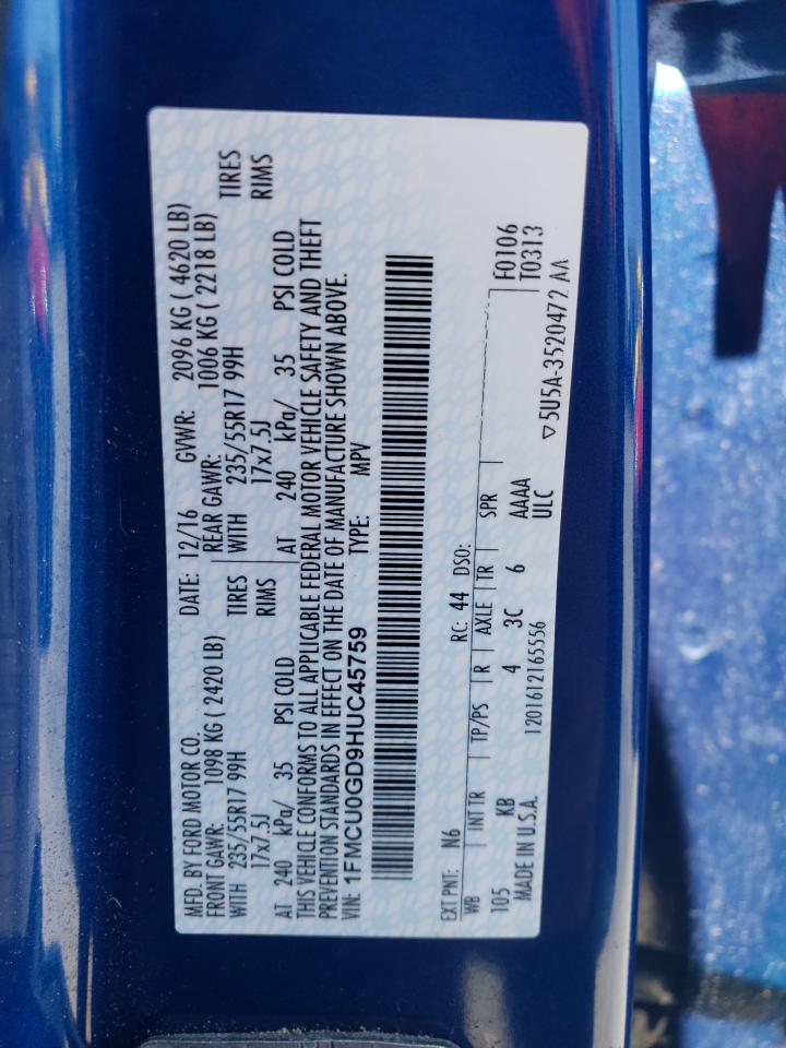 2017 Ford Escape Se VIN: 1FMCU0GD9HUC45759 Lot: 54650164