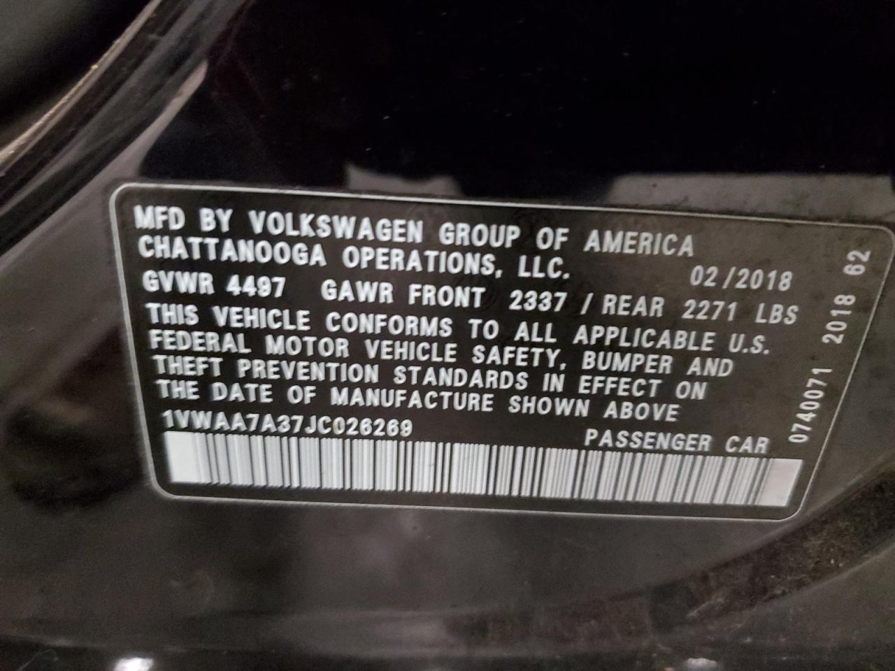 1VWAA7A37JC026269 2018 Volkswagen Passat S