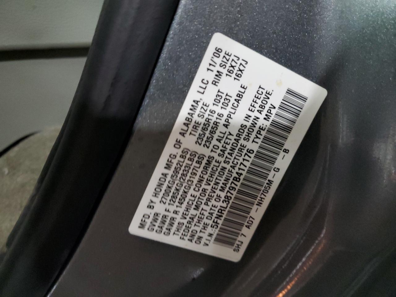 5FNRL38797B417176 2007 Honda Odyssey Exl