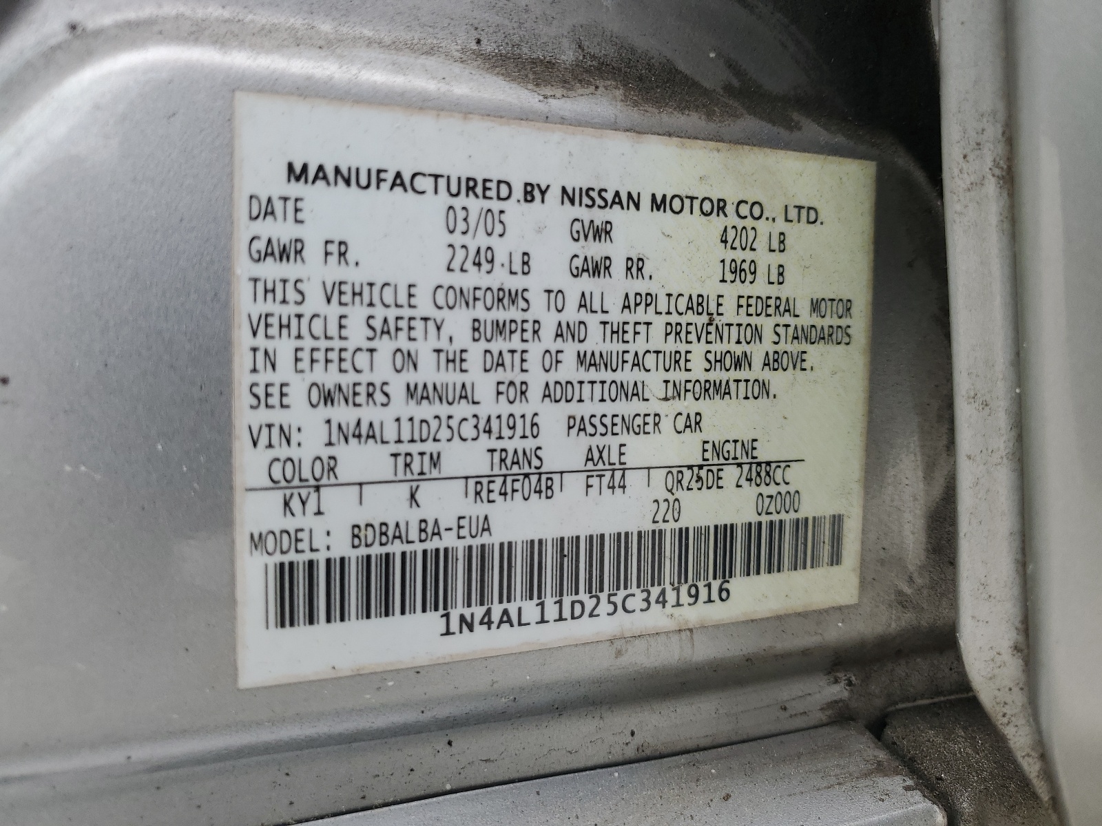 1N4AL11D25C341916 2005 Nissan Altima S