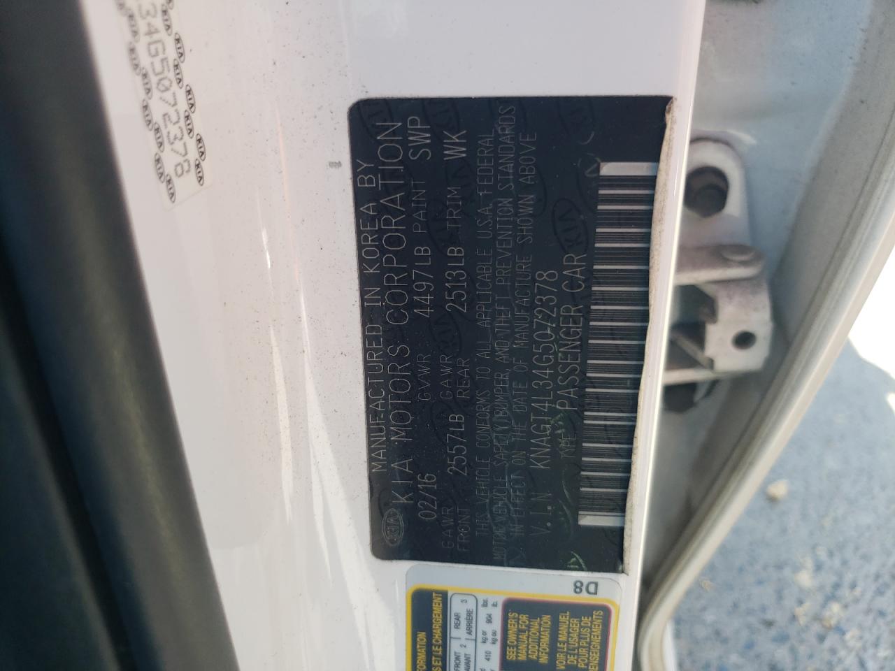 2016 Kia Optima Lx VIN: KNAGT4L34G5072378 Lot: 56216754