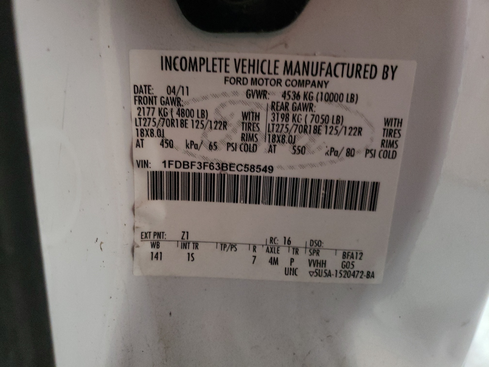 1FDBF3F63BEC58549 2011 Ford F350 Super Duty