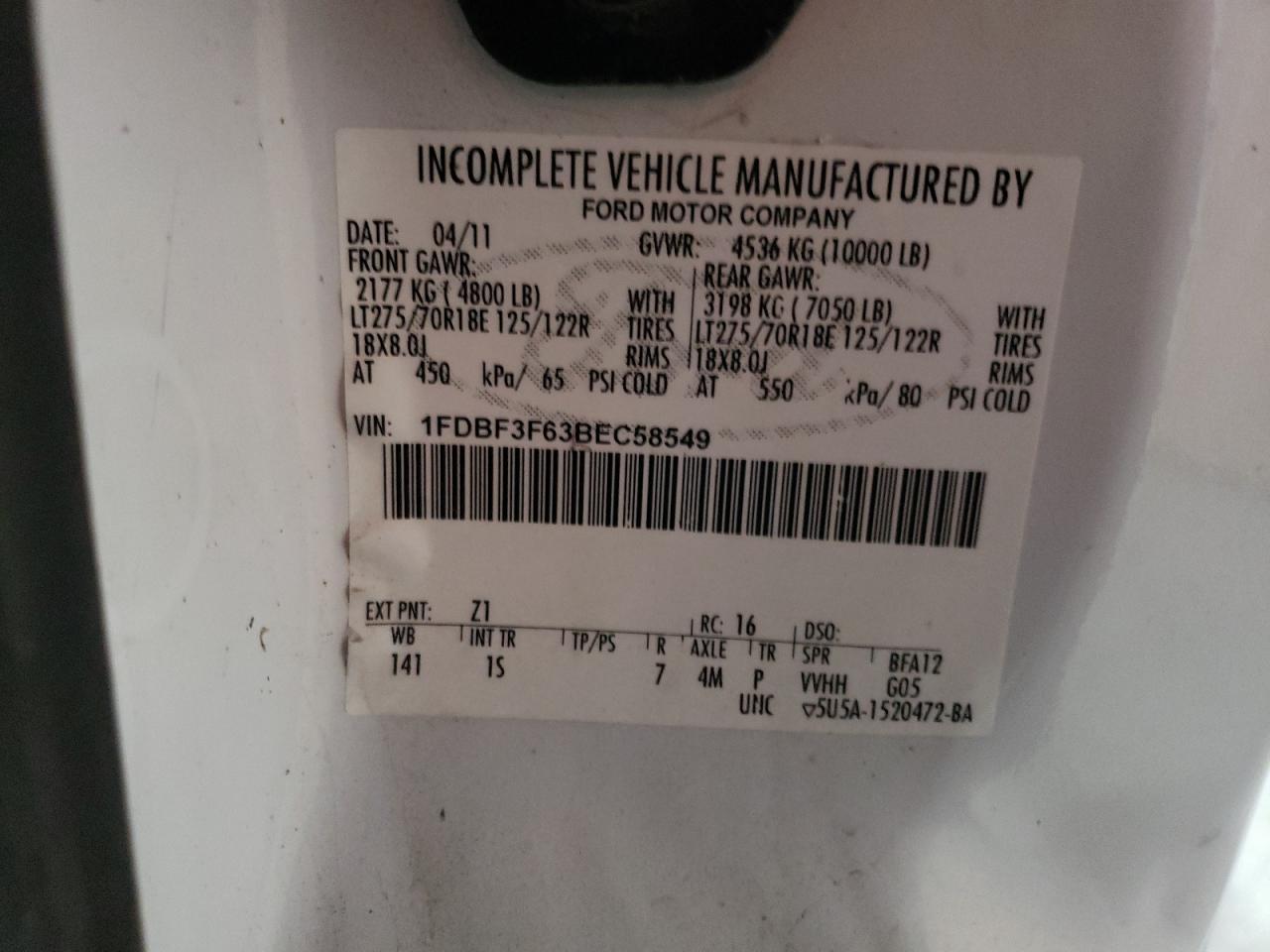 2011 Ford F350 Super Duty VIN: 1FDBF3F63BEC58549 Lot: 55196674