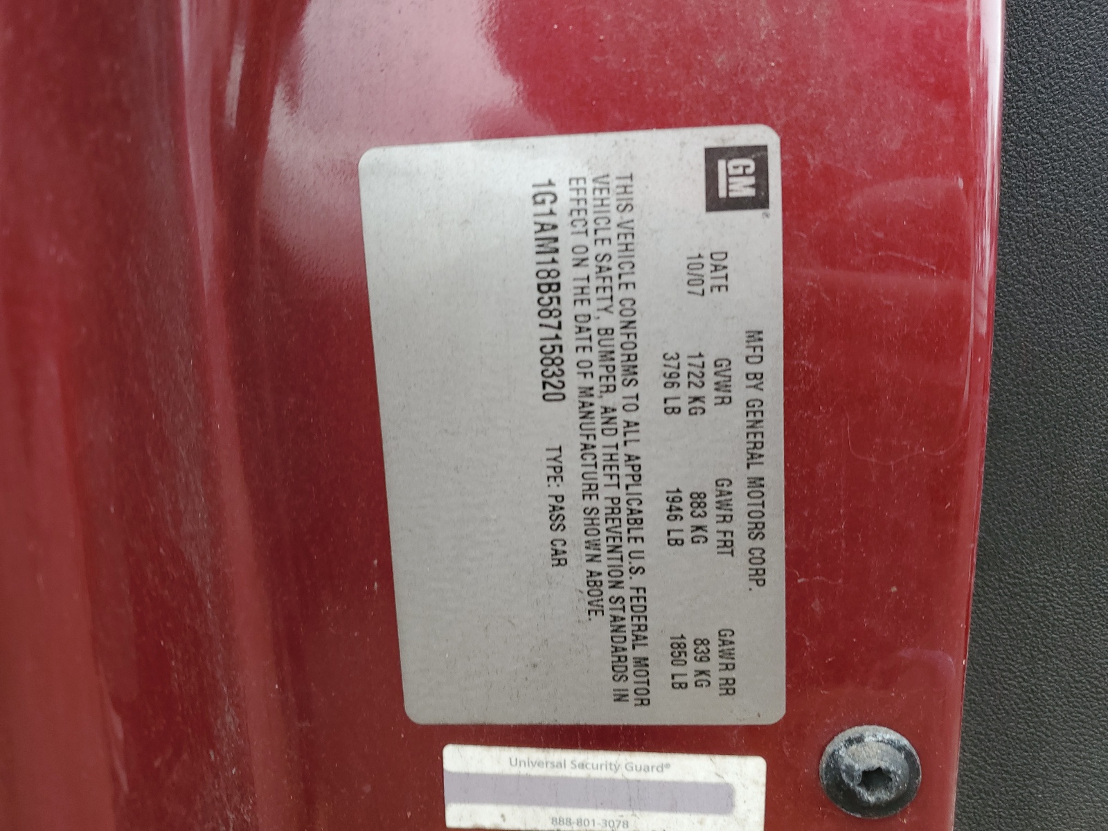 1G1AM18B587158320 2008 Chevrolet Cobalt Sport