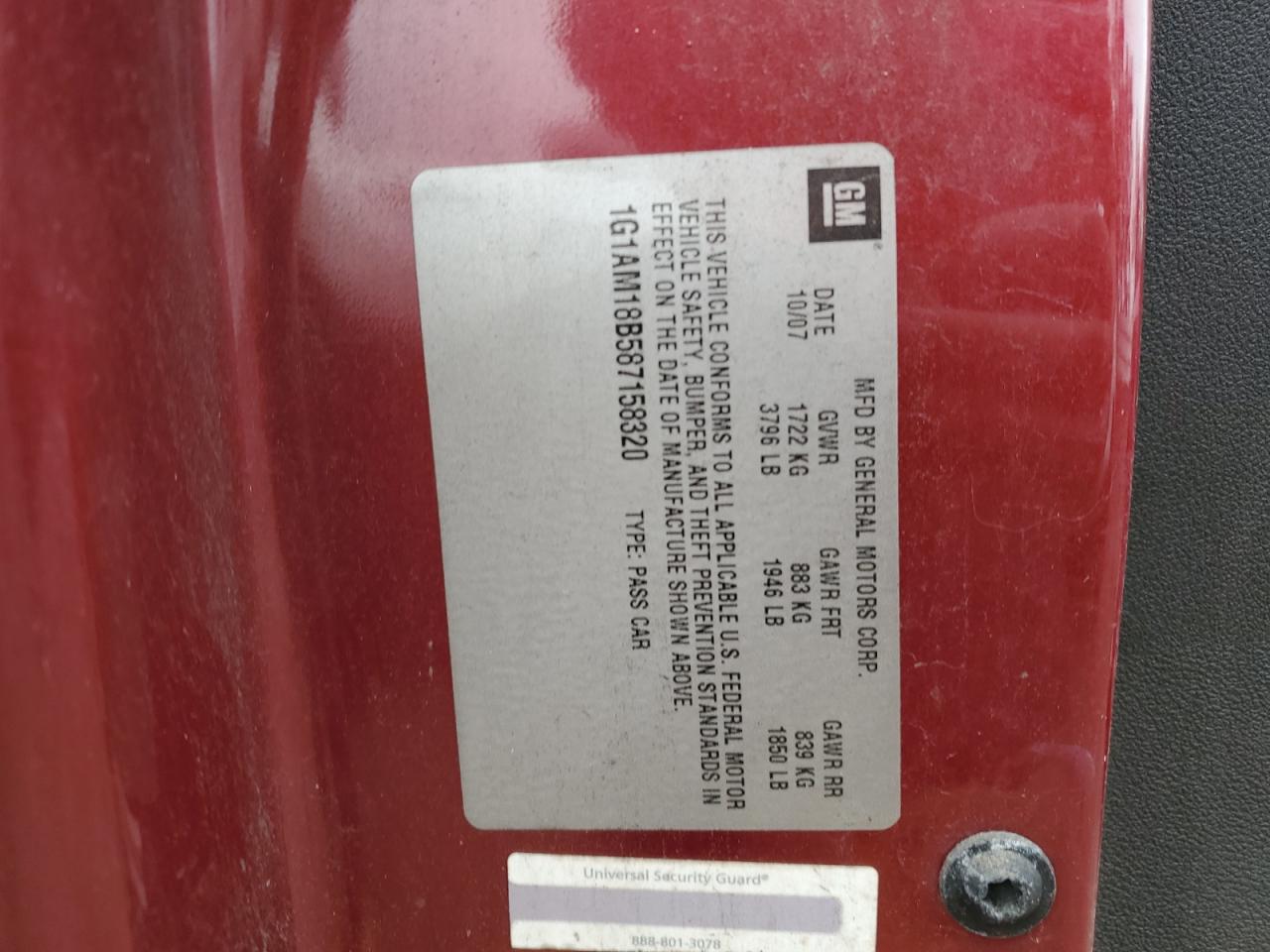 2008 Chevrolet Cobalt Sport VIN: 1G1AM18B587158320 Lot: 55806514