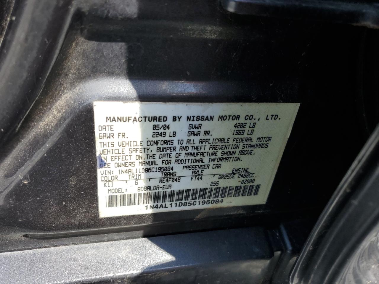 2005 Nissan Altima S VIN: 1N4AL11D85C195084 Lot: 56122094