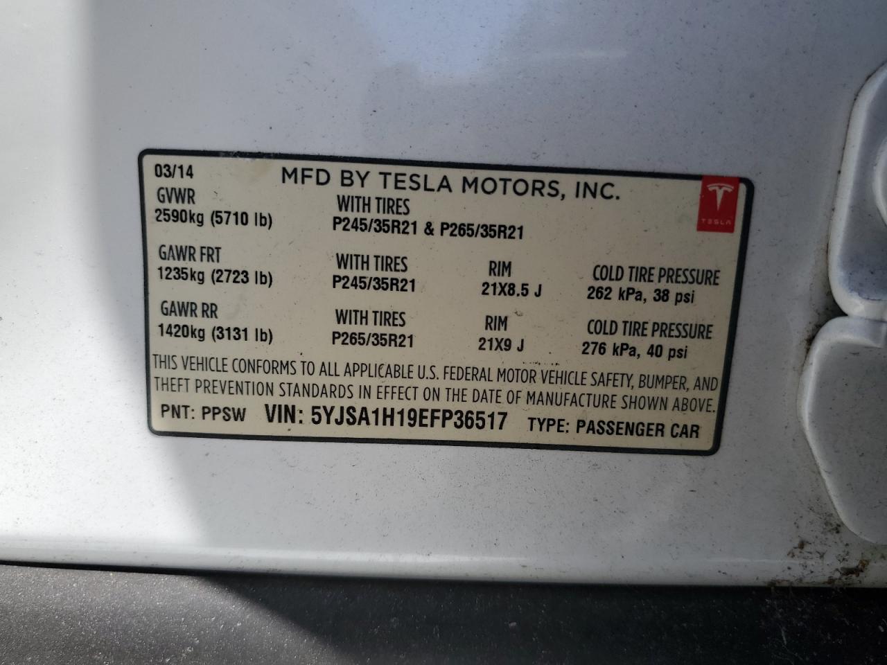 5YJSA1H19EFP36517 2014 Tesla Model S