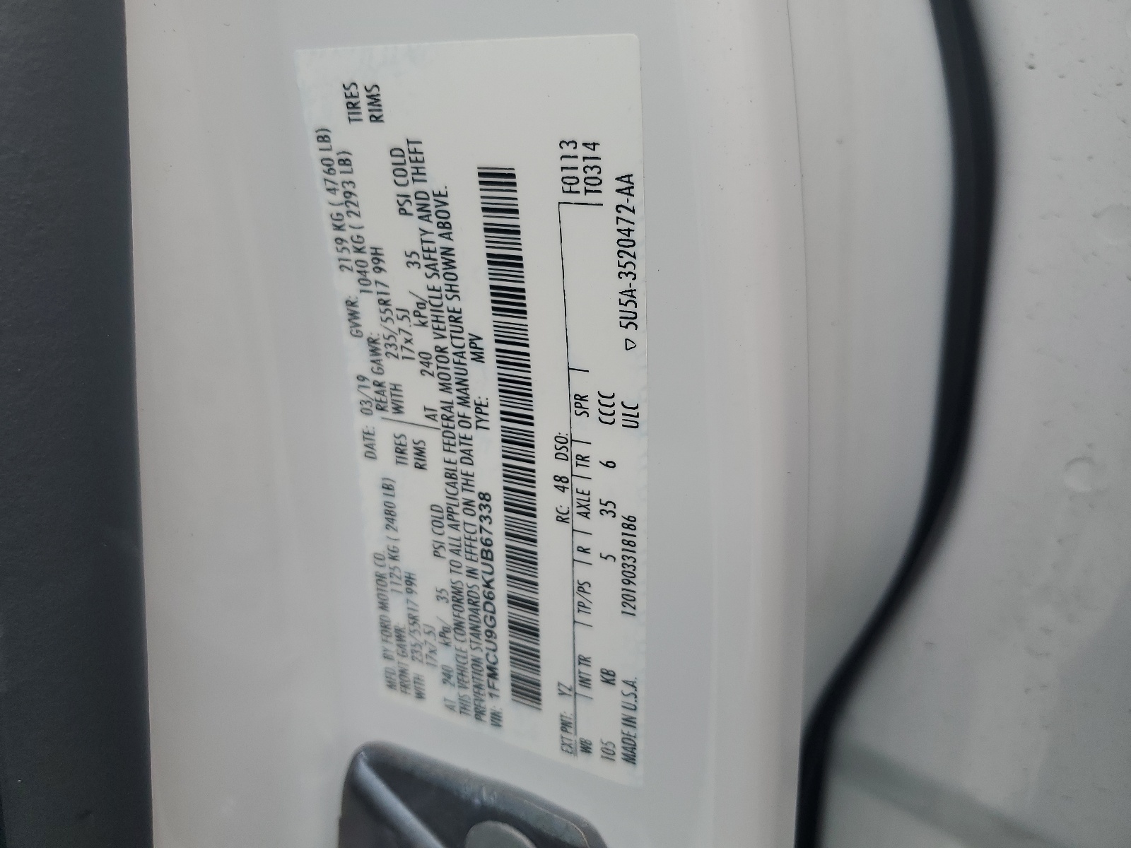 1FMCU9GD6KUB67338 2019 Ford Escape Se