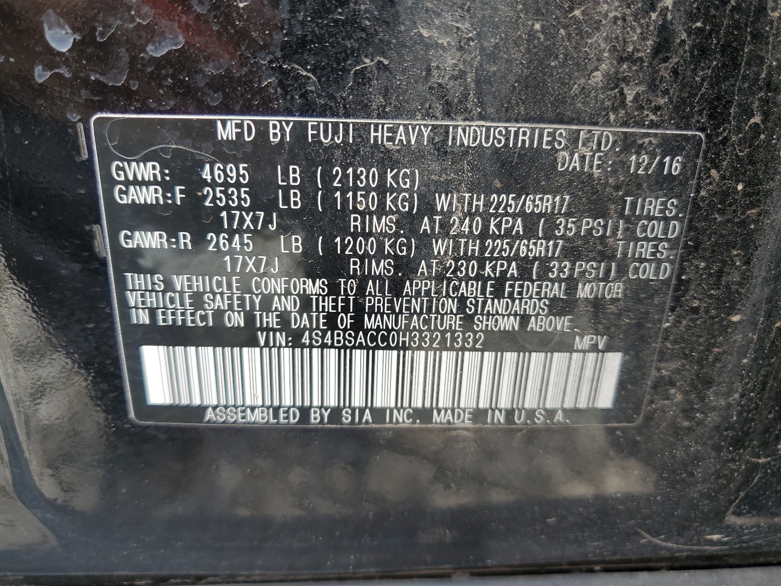 4S4BSACC0H3321332 2017 Subaru Outback 2.5I Premium