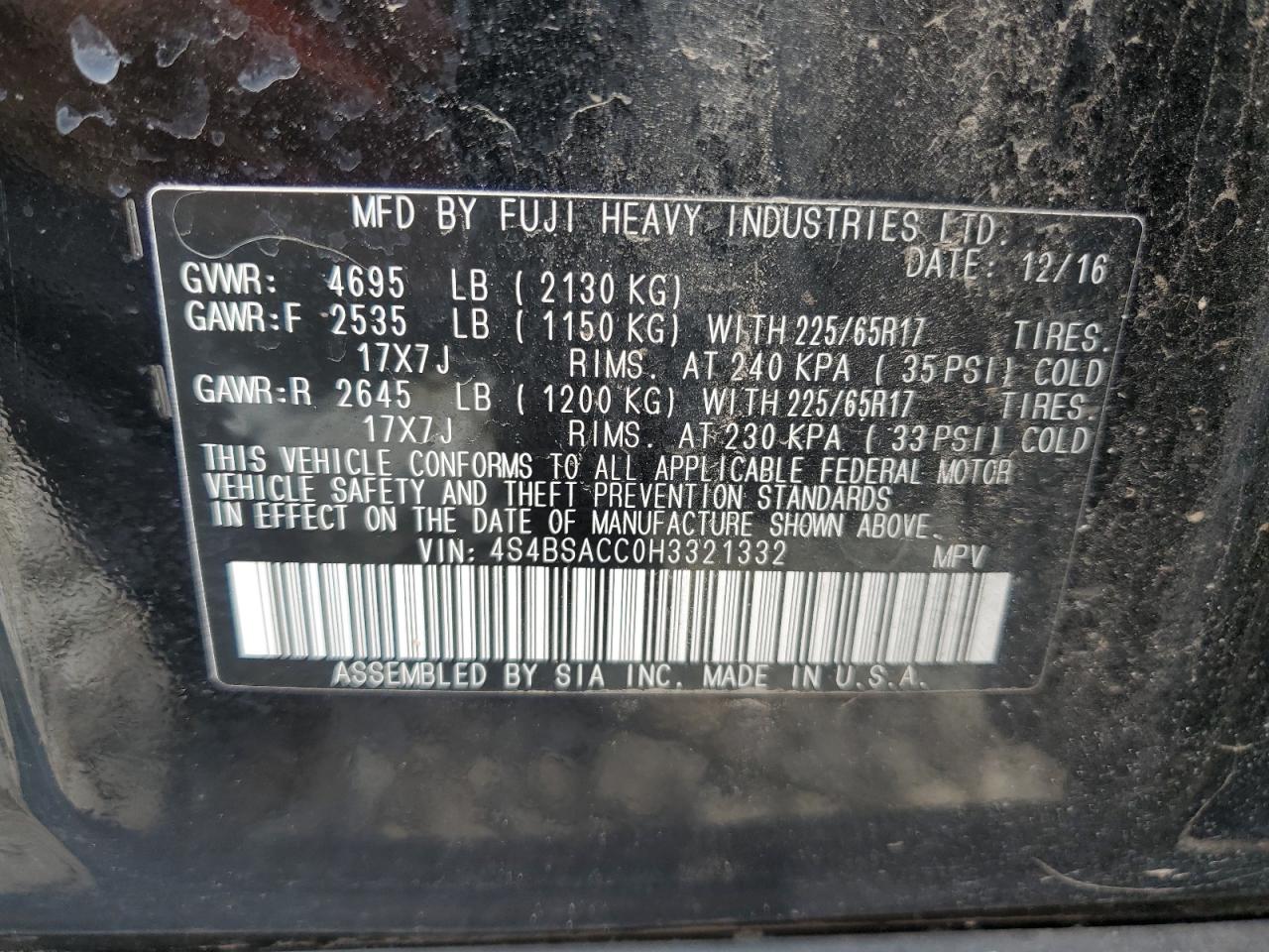 2017 Subaru Outback 2.5I Premium VIN: 4S4BSACC0H3321332 Lot: 56426374