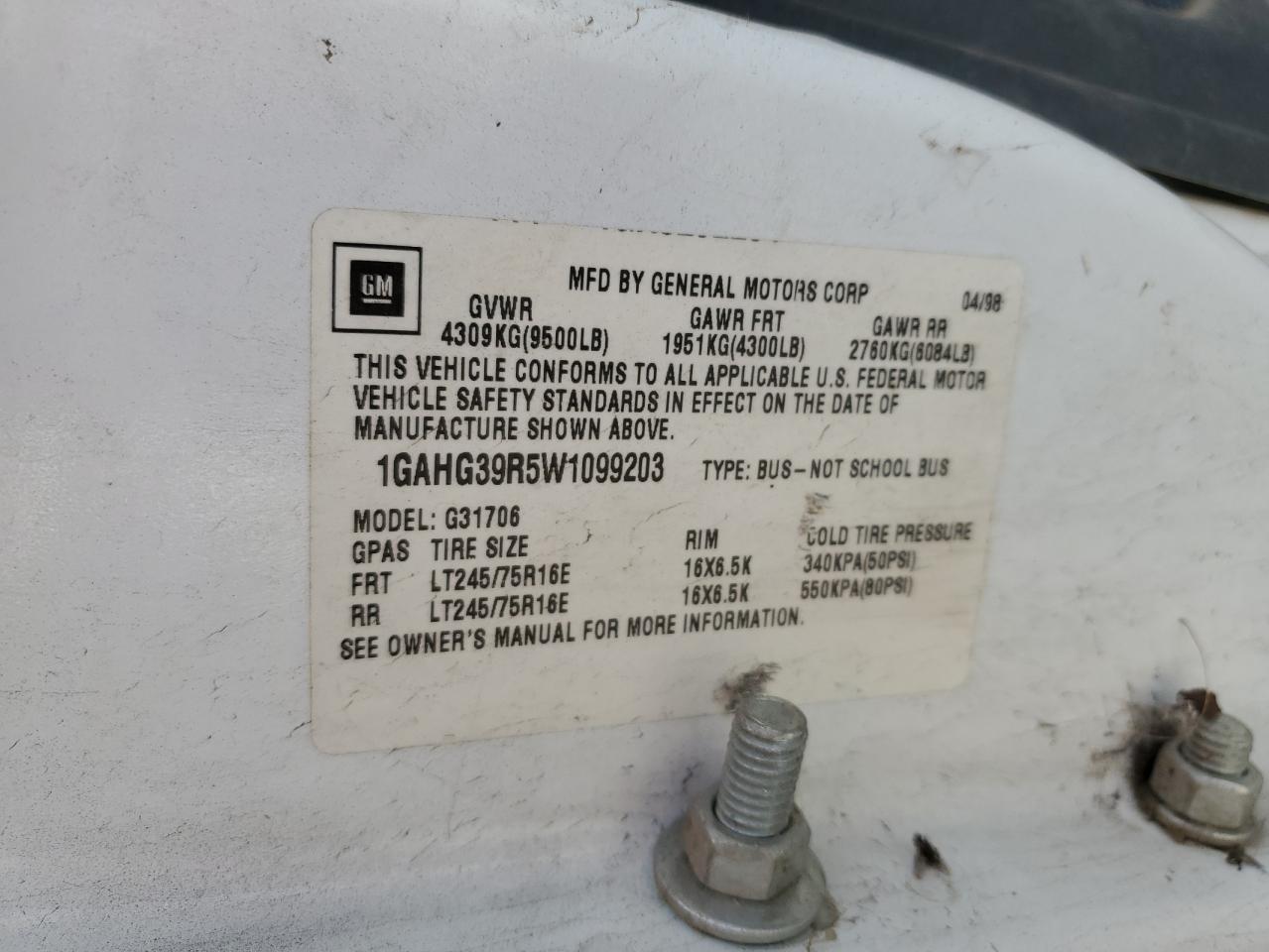 1998 Chevrolet Express G3500 VIN: 1GAHG39R5W1099203 Lot: 54658764