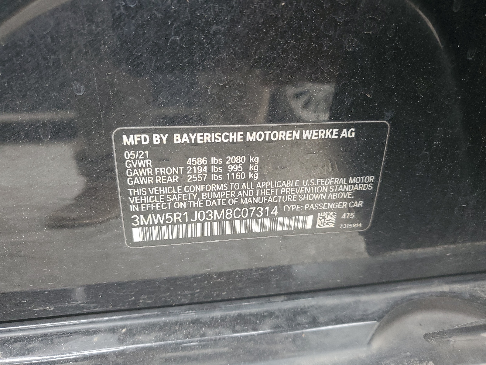 3MW5R1J03M8C07314 2021 BMW 330I