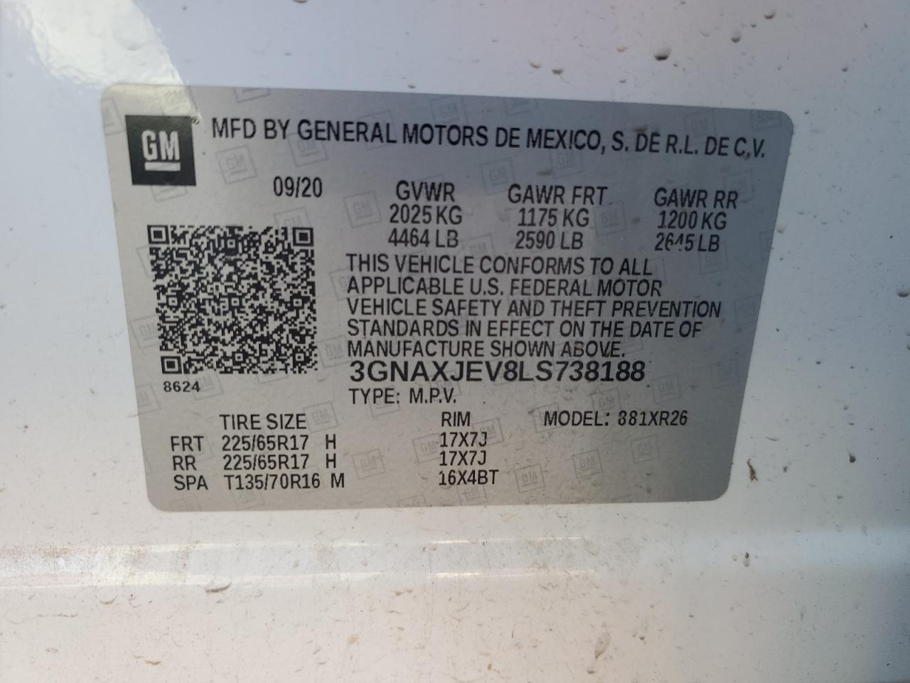 3GNAXJEV8LS738188 2020 Chevrolet Equinox Lt