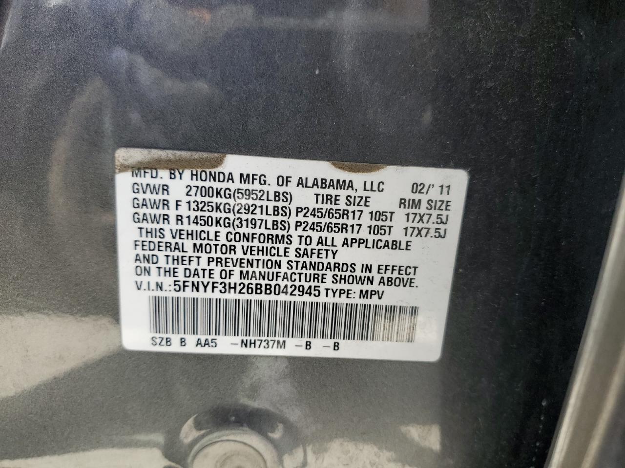 2011 Honda Pilot Lx VIN: 5FNYF3H26BB042945 Lot: 57123314