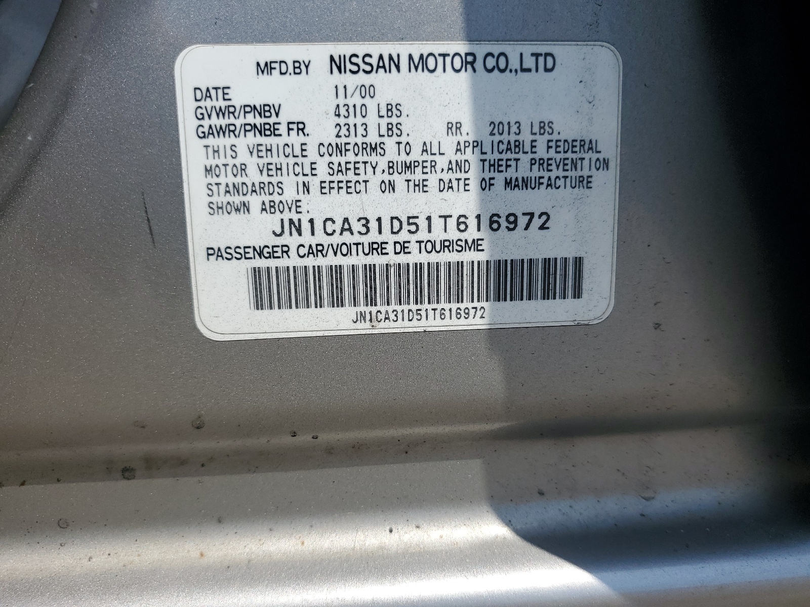 JN1CA31D51T616972 2001 Nissan Maxima Gxe