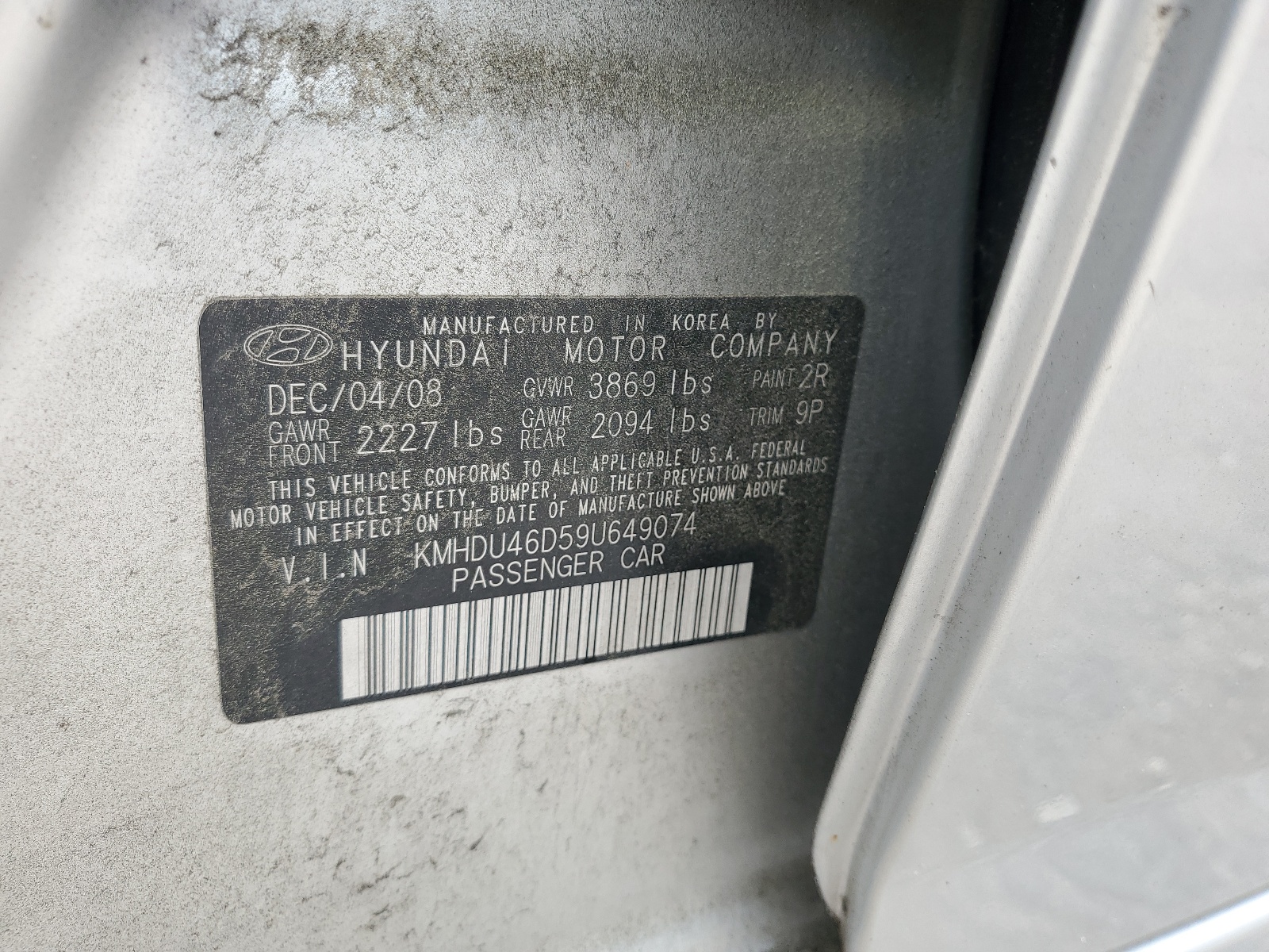 KMHDU46D59U649074 2009 Hyundai Elantra Gls