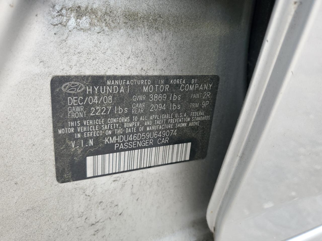 2009 Hyundai Elantra Gls VIN: KMHDU46D59U649074 Lot: 51505414