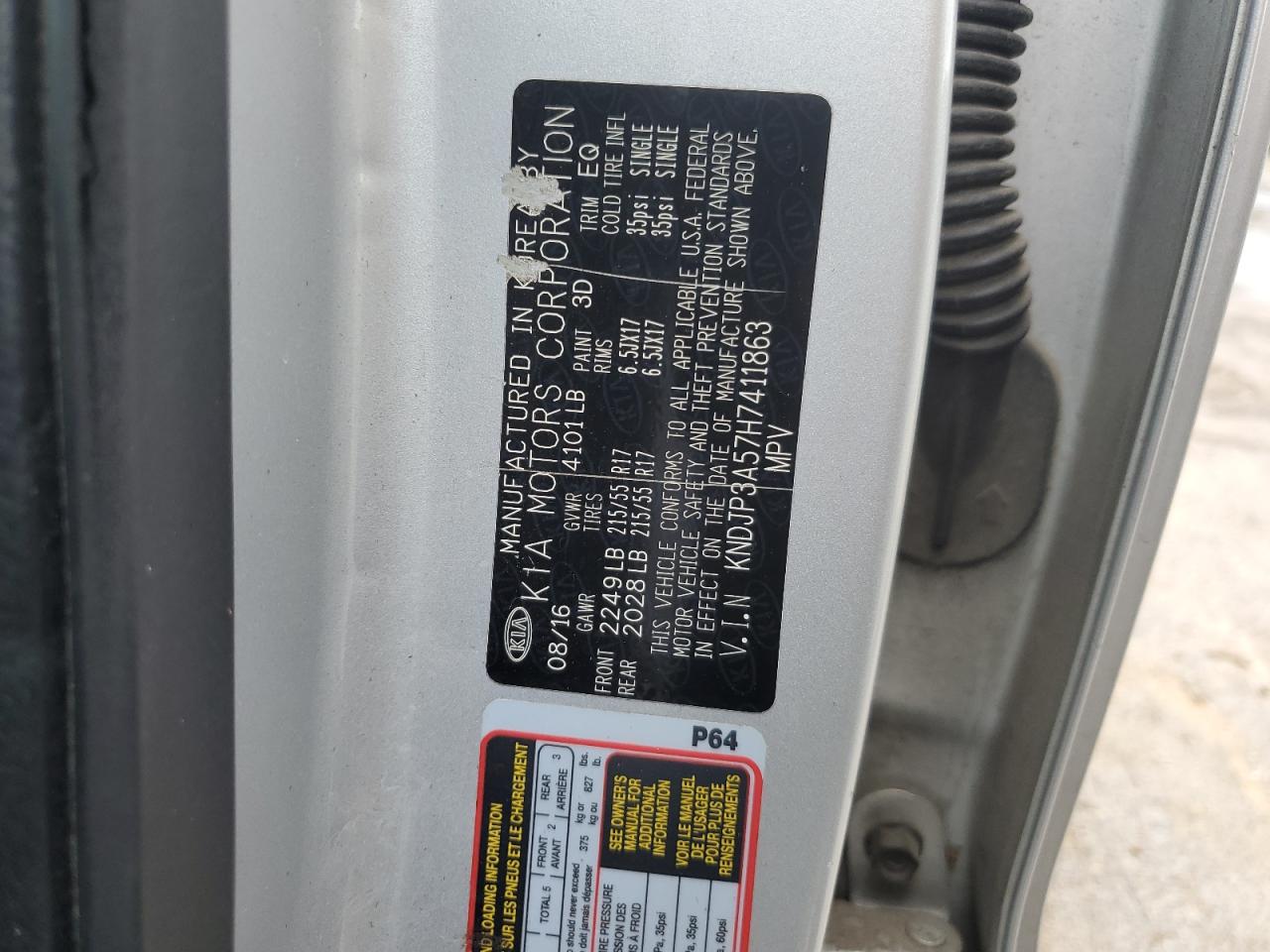 2017 Kia Soul + VIN: KNDJP3A57H7411863 Lot: 53617274