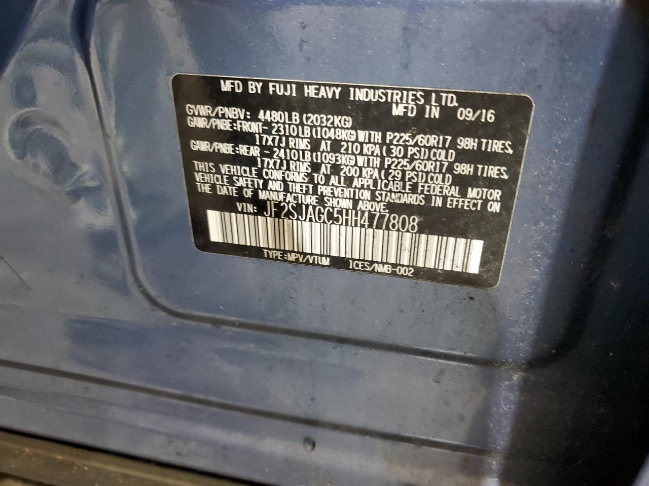 2017 Subaru Forester 2.5I Premium VIN: JF2SJAGC5HH477808 Lot: 56897494