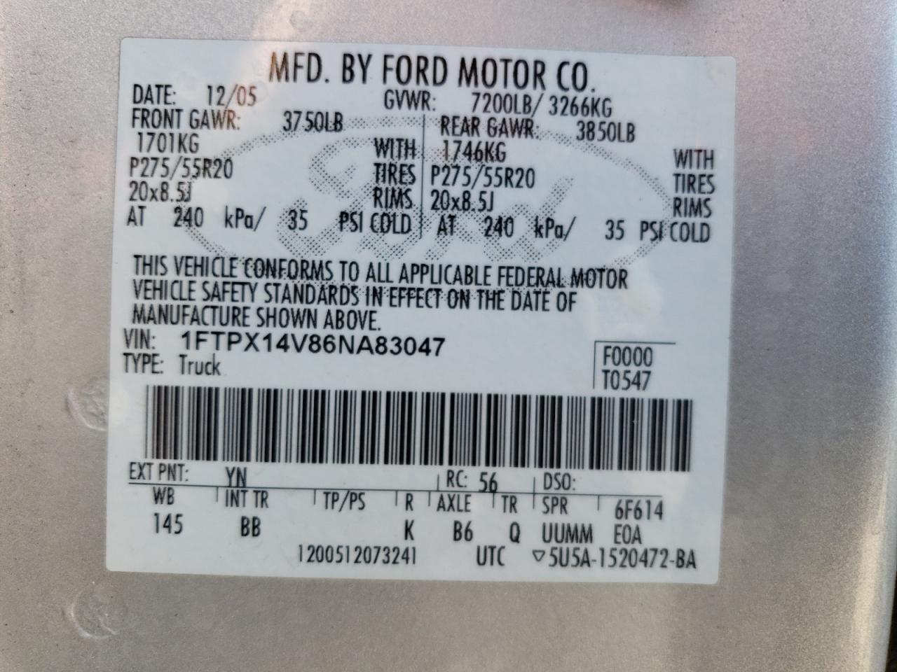 2006 Ford F150 VIN: 1FTPX14V86NA83047 Lot: 55818064