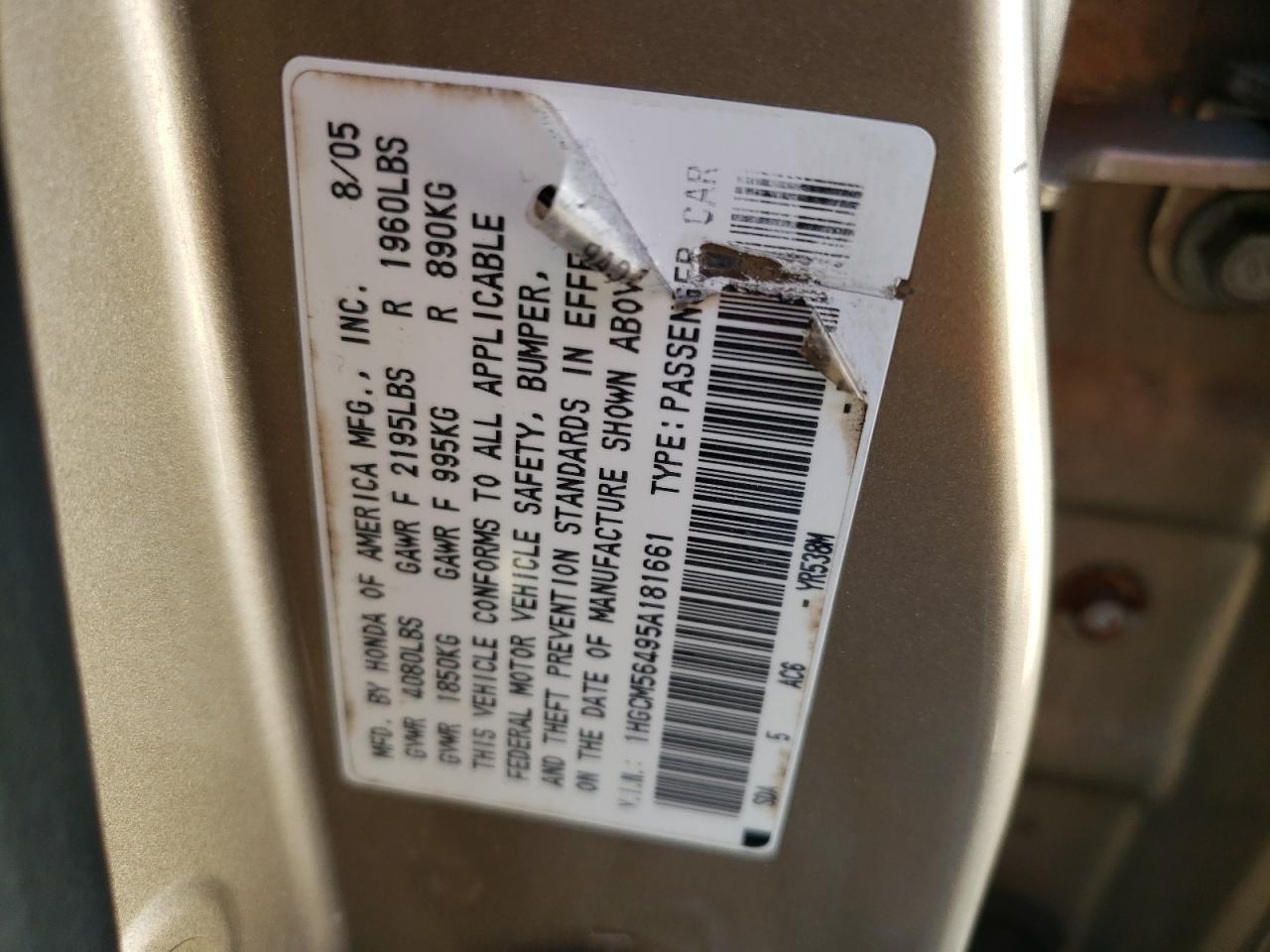 1HGCM56495A181661 2005 Honda Accord Lx