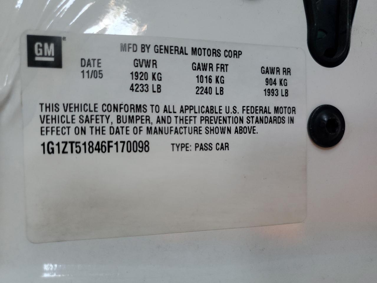 2006 Chevrolet Malibu Lt VIN: 1G1ZT51846F170098 Lot: 56767604