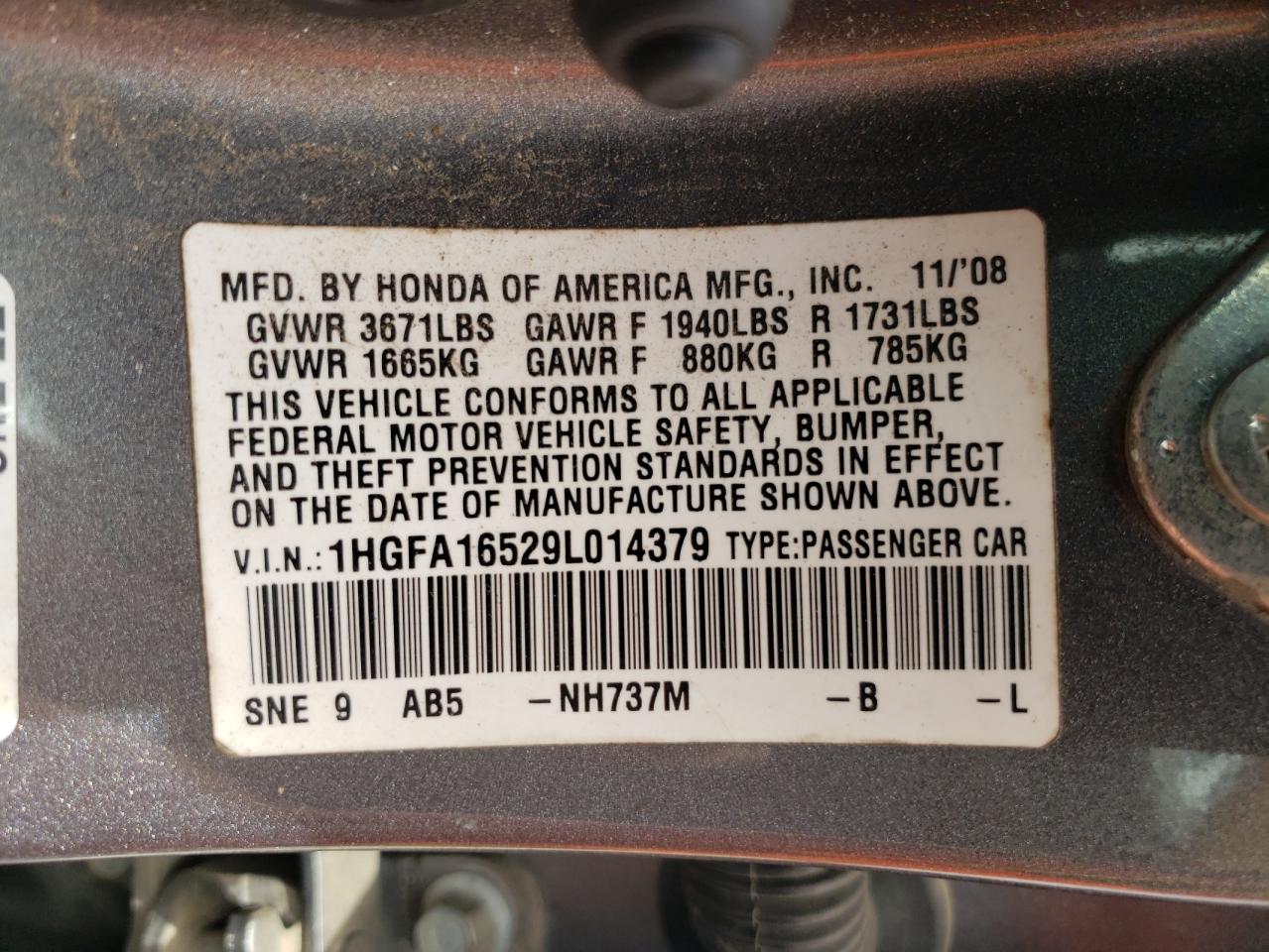 2009 Honda Civic Lx VIN: 1HGFA16529L014379 Lot: 74453904