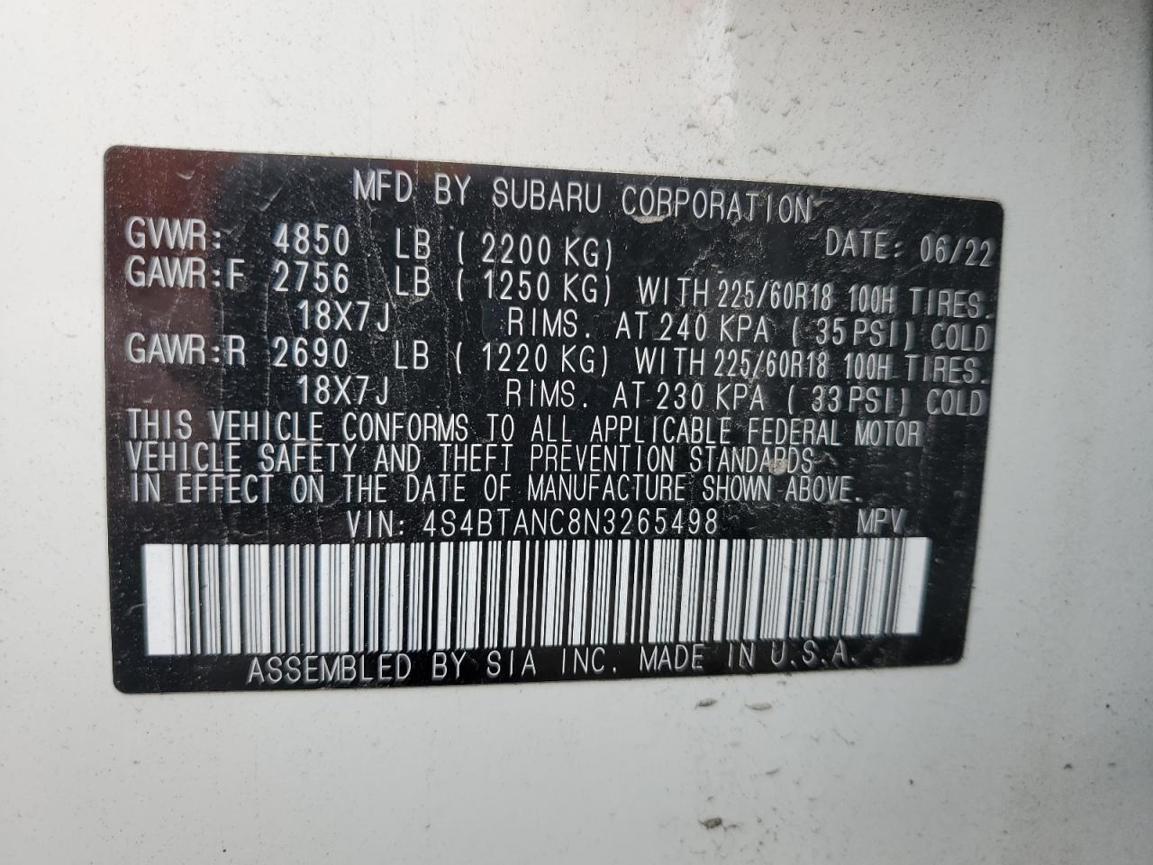 4S4BTANC8N3265498 2022 Subaru Outback Limited