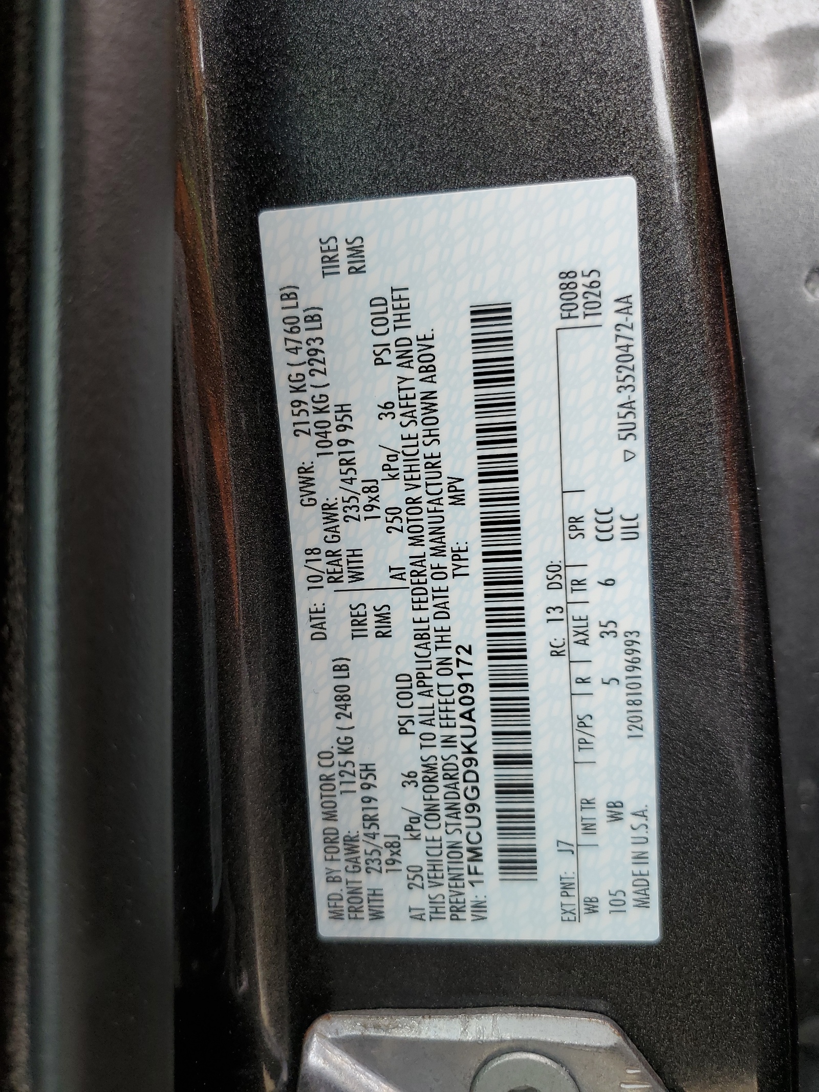 1FMCU9GD9KUA09172 2019 Ford Escape Se