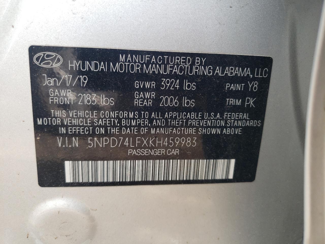 5NPD74LFXKH459983 2019 Hyundai Elantra Se