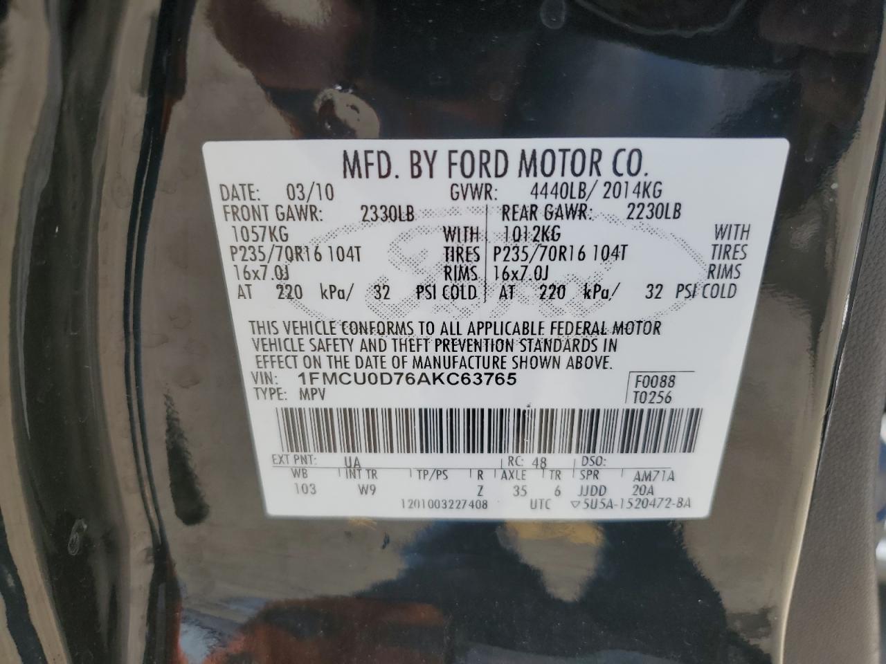 2010 Ford Escape Xlt VIN: 1FMCU0D76AKC63765 Lot: 54717554