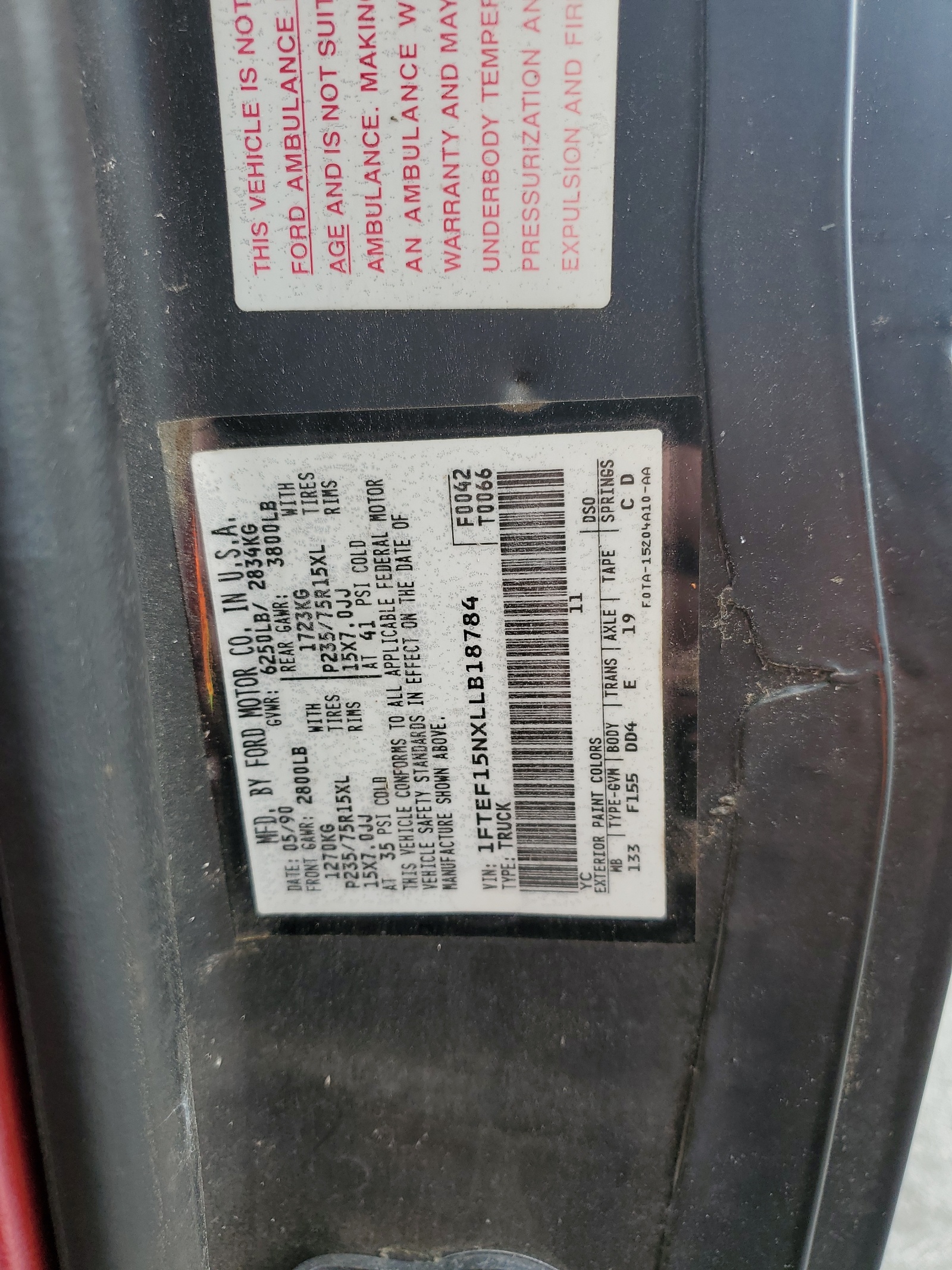 1FTEF15NXLLB18784 1990 Ford F150