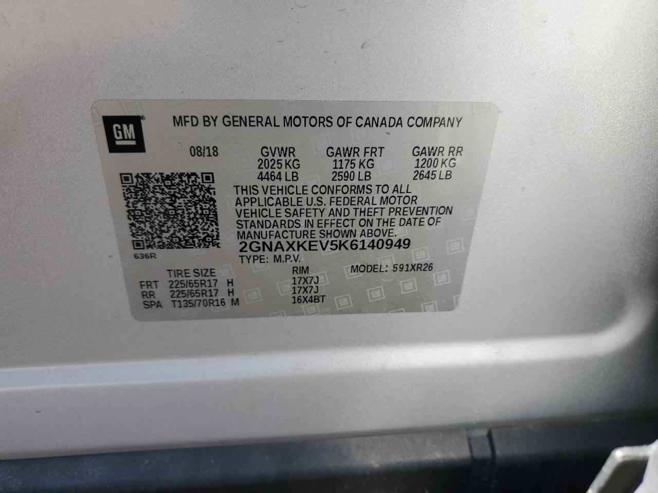 2GNAXKEV5K6140949 2019 Chevrolet Equinox Lt