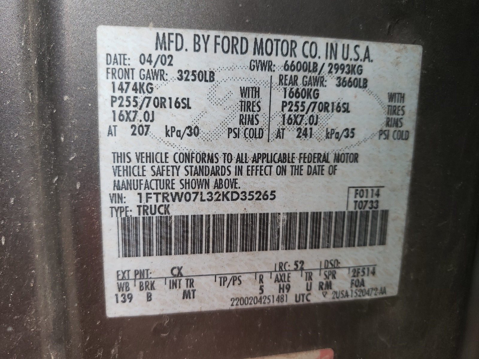 1FTRW07L32KD35265 2002 Ford F150 Supercrew