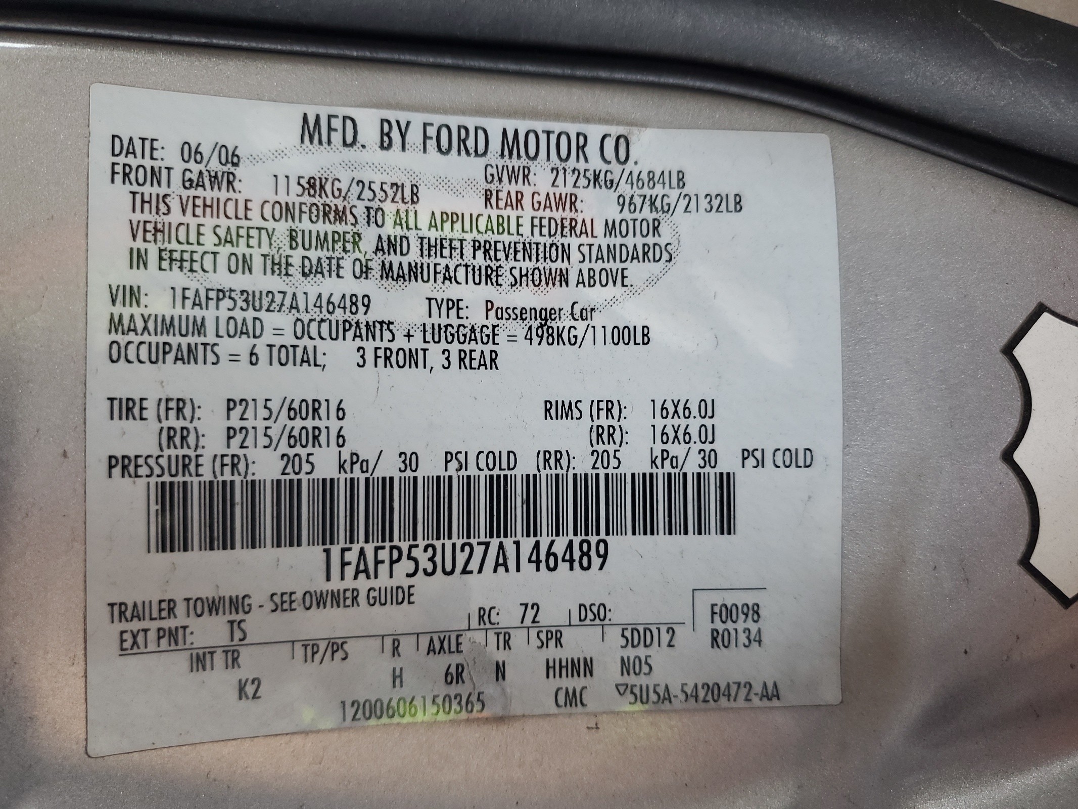 1FAFP53U27A146489 2007 Ford Taurus Se