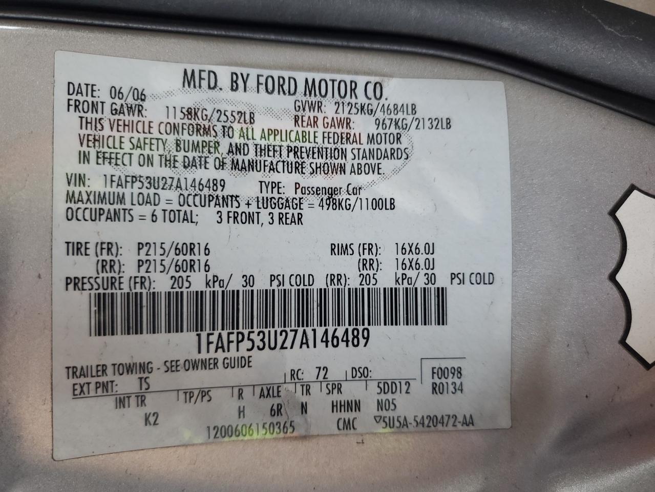 2007 Ford Taurus Se VIN: 1FAFP53U27A146489 Lot: 53668894