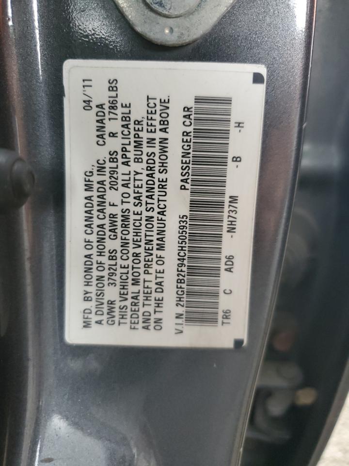 2HGFB2F94CH505935 2012 Honda Civic Exl