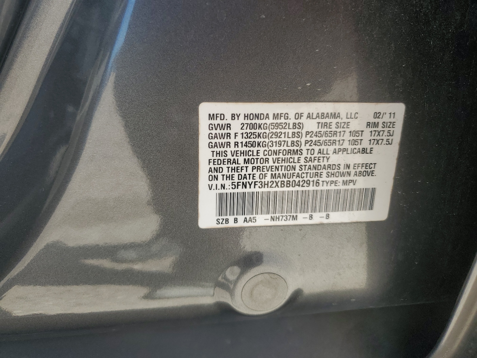 5FNYF3H2XBB042916 2011 Honda Pilot Lx
