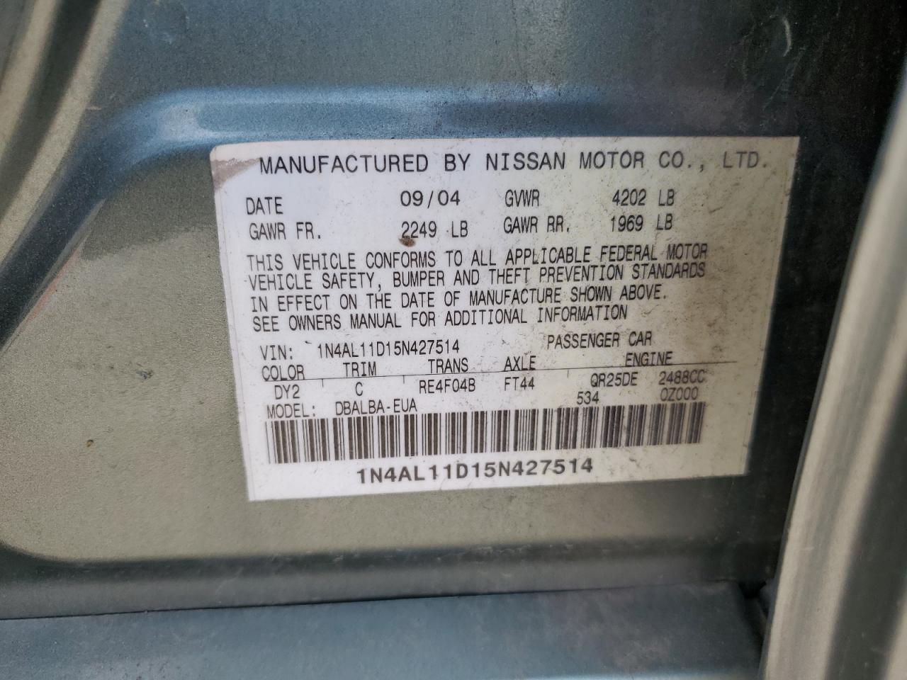 2005 Nissan Altima S VIN: 1N4AL11D15N427514 Lot: 55931734