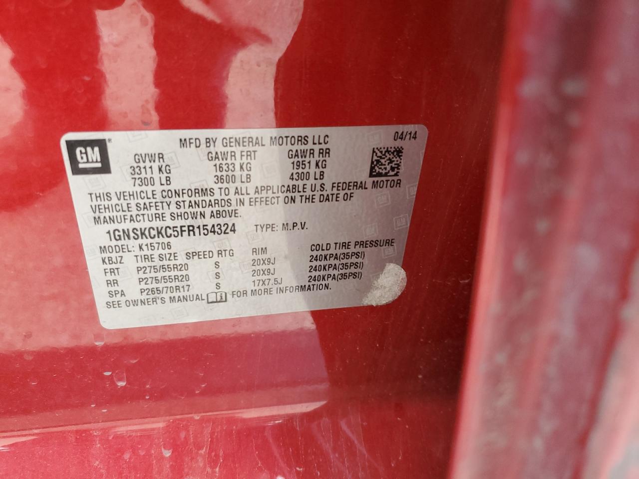 2015 Chevrolet Tahoe K1500 Ltz VIN: 1GNSKCKC5FR154324 Lot: 53226944