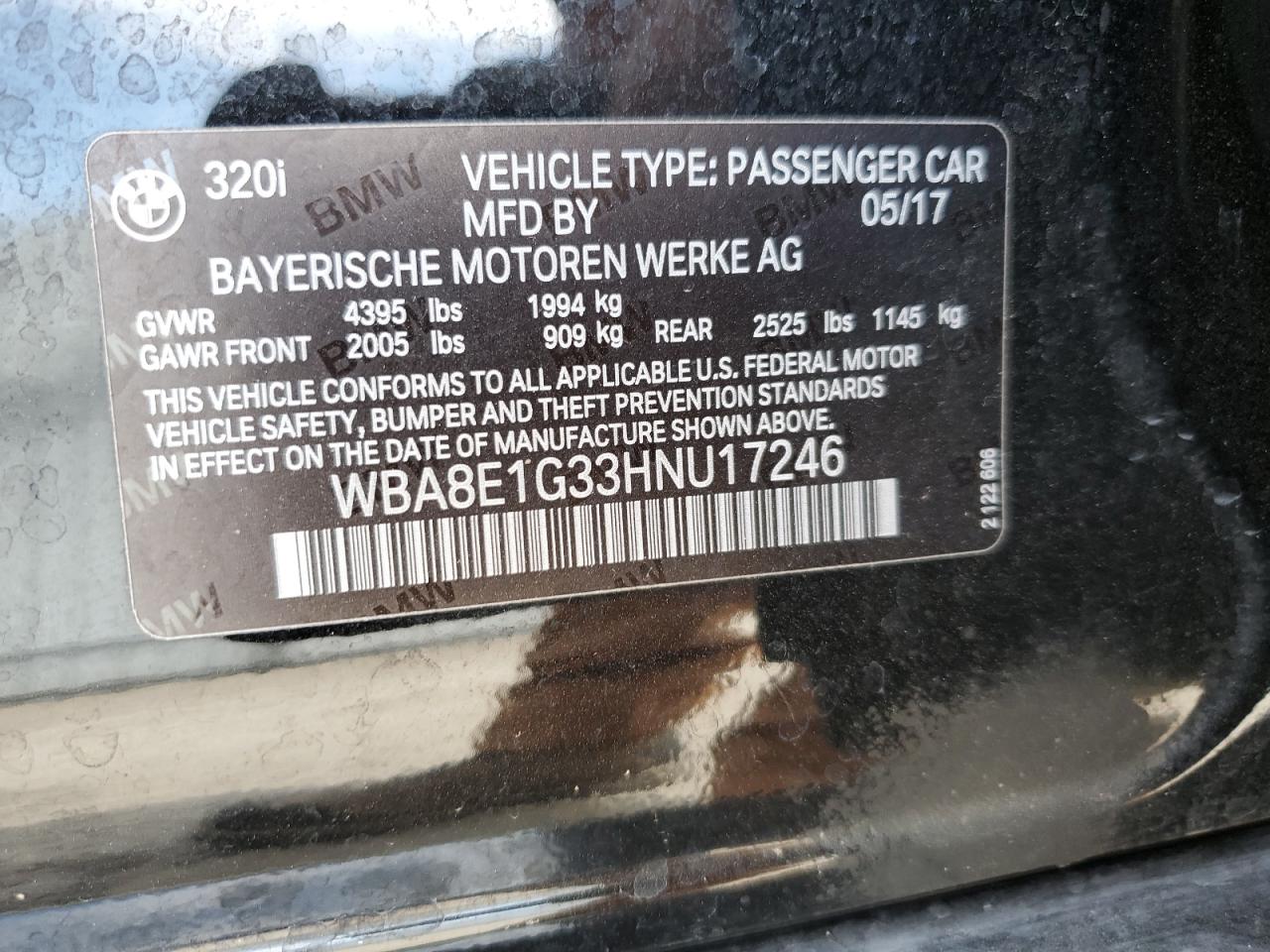 2017 BMW 320 I VIN: WBA8E1G33HNU17246 Lot: 53860824