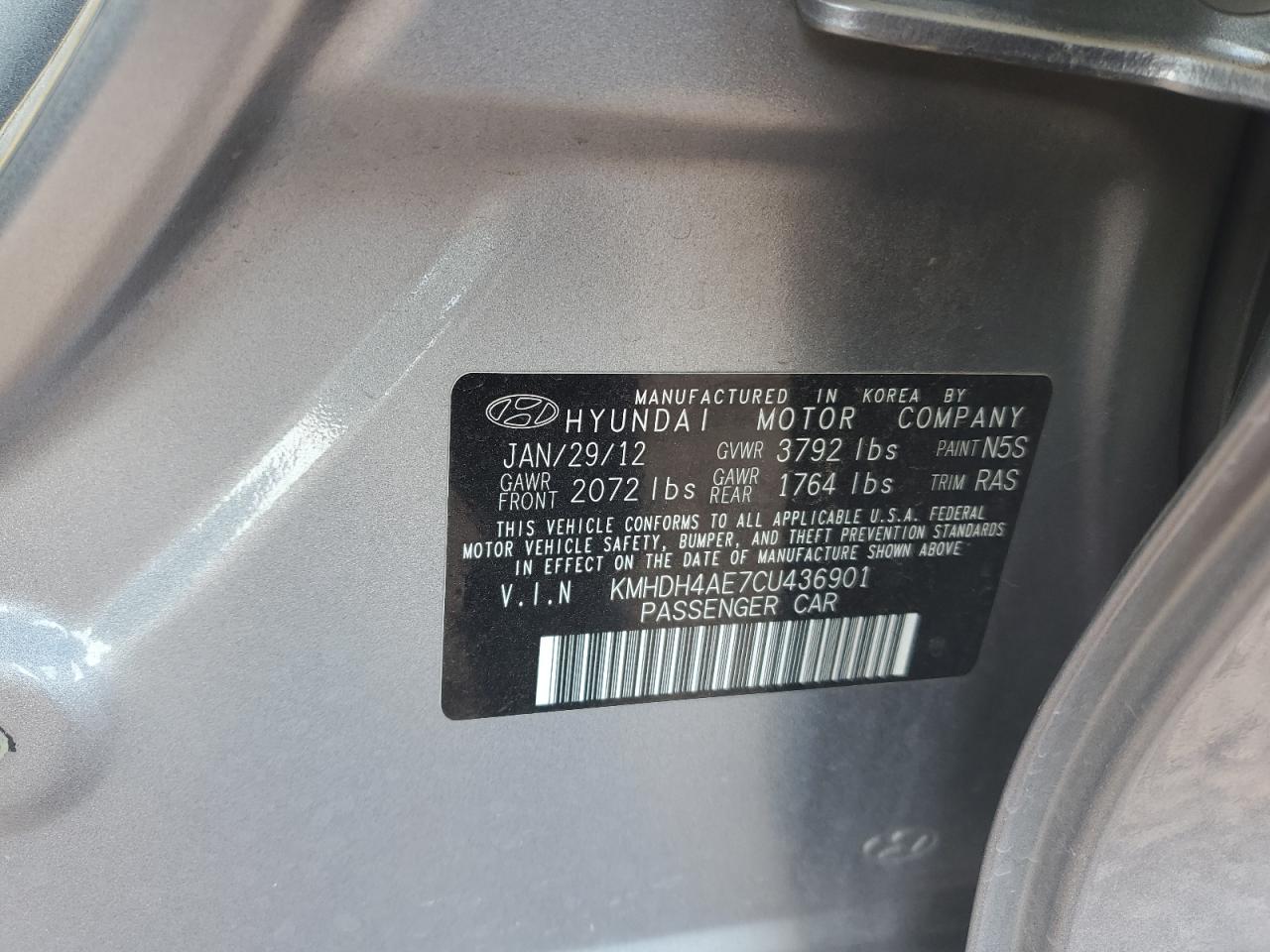 2012 Hyundai Elantra Gls VIN: KMHDH4AE7CU436901 Lot: 55301984