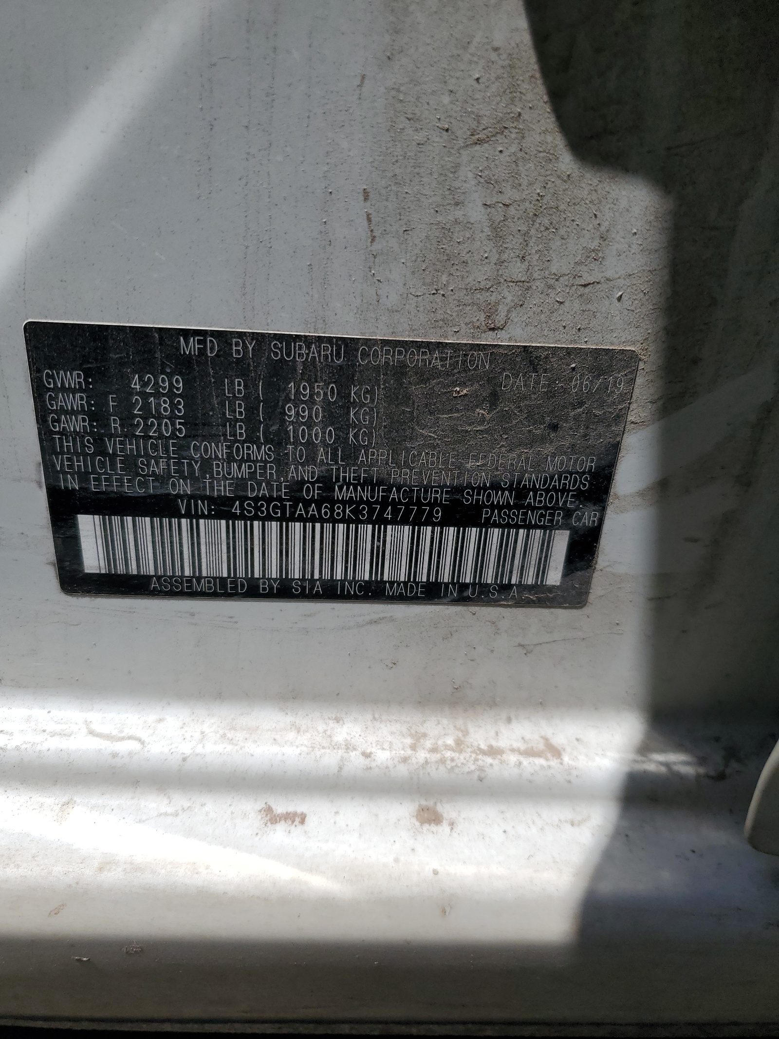 4S3GTAA68K3747779 2019 Subaru Impreza